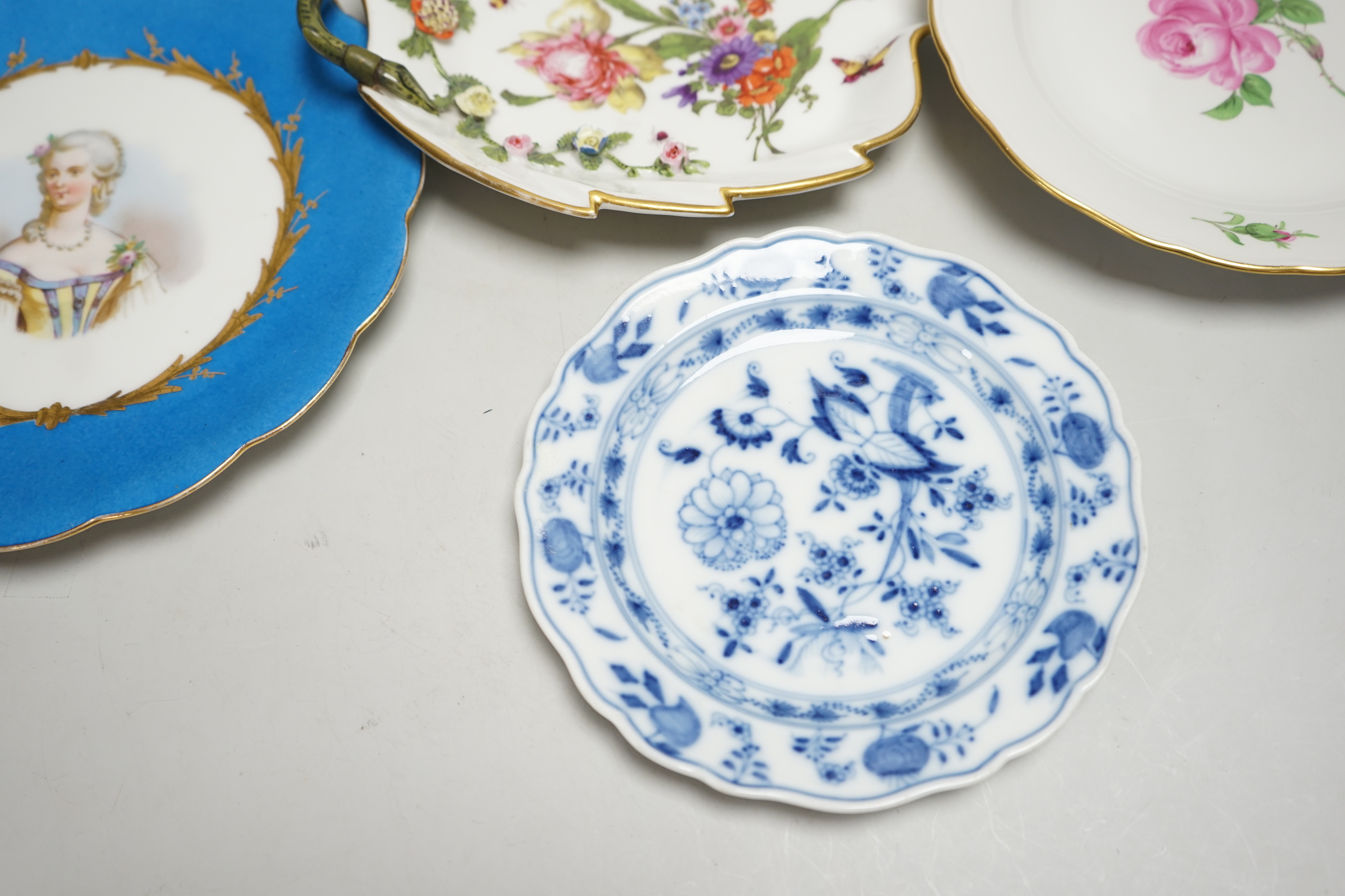 Six Continental plates by Meissen, Dresden, Sevres, etc. including Sevres Comtesse Dubarry portrait, two Meissen plates with pierced edges, two outside decorated, widest 23.5cm